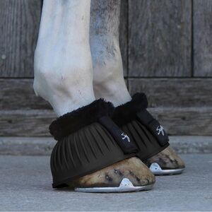 Supra 210 Fur Topped Ribbed Bell Boots W/ Velcro Medium Black Horse Equestrian